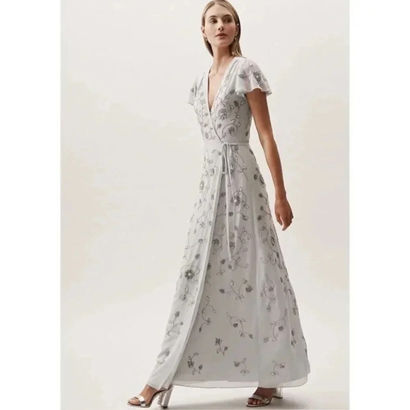 NWT Anthropologie BHLDN Plymouth Maxi Wrap Dress Fog Wedding Beaded Size 4 - Picture 1 of 14